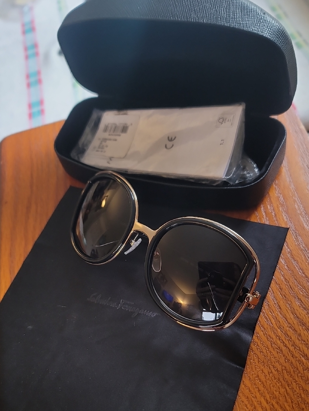 Salvatore Ferragamo Black and Gold Oversized Round Sunglasses